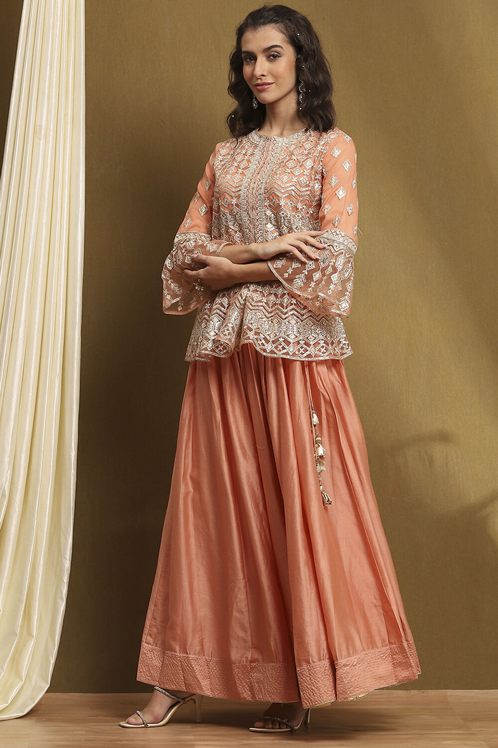 Peach Net Embroidered Peplum Kurta Lehenga Set image number 3