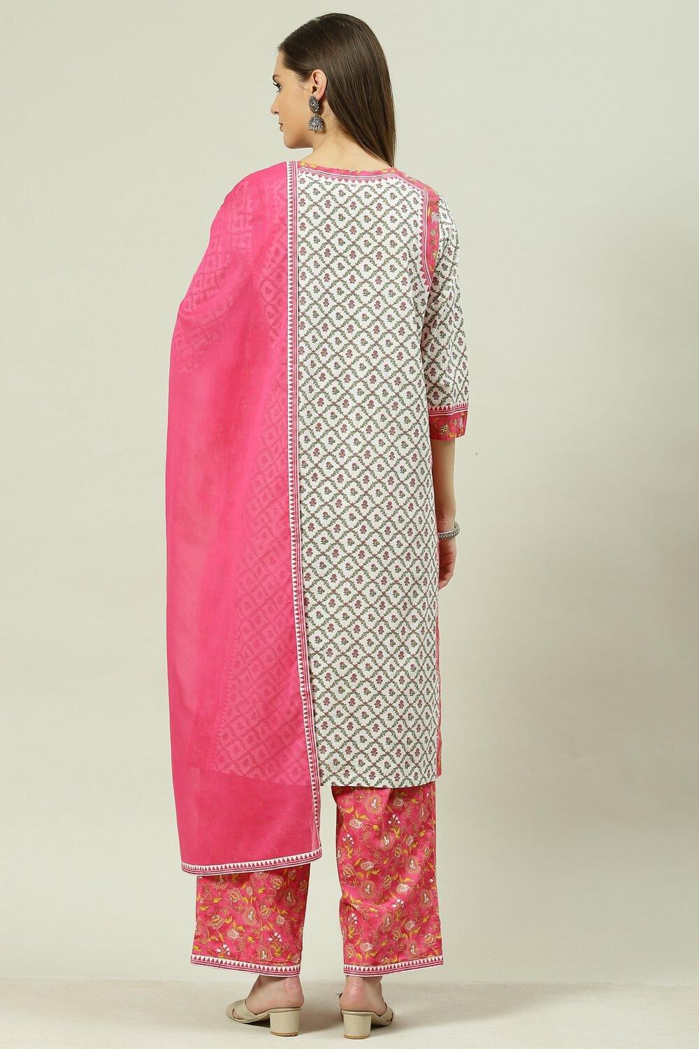 Off White Cotton Straight Kurta Palazzo Suit Set image number 4