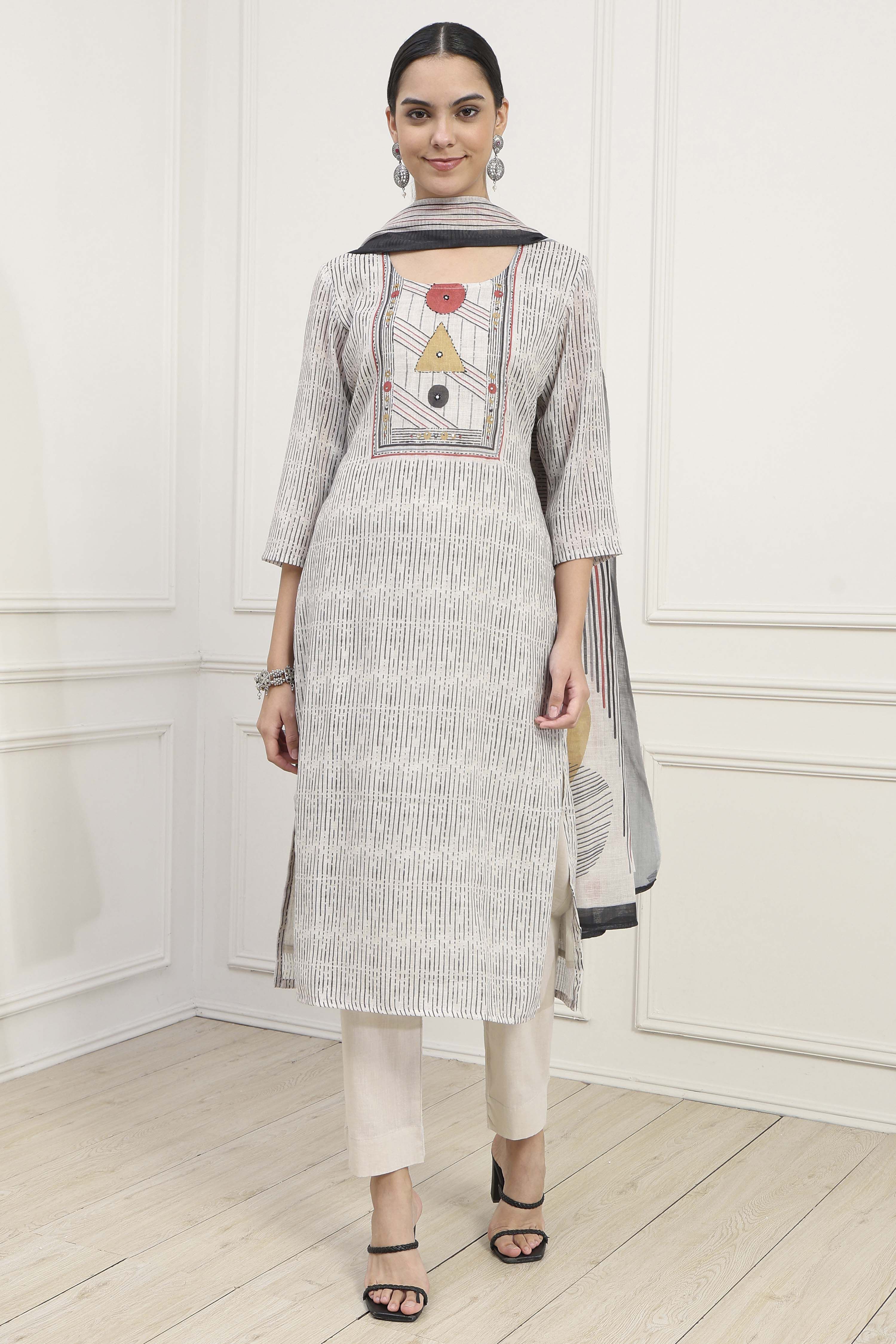 Off White Linen Blend Printed Unstitched Suit Set image number 1