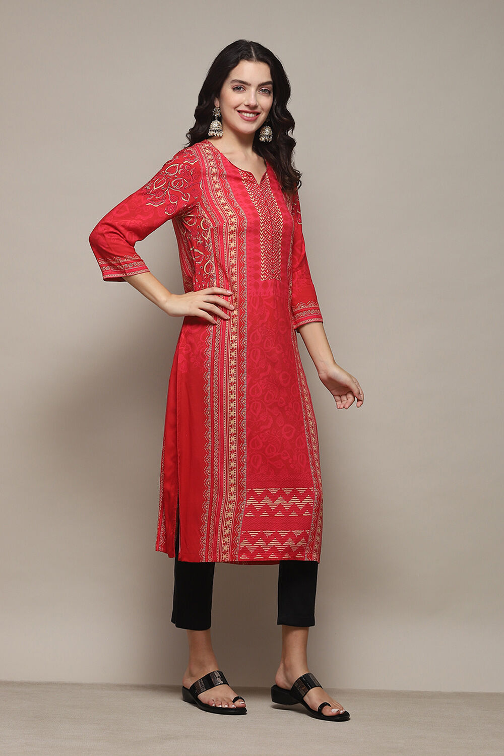 Red Printed Straight Kurta image number 4