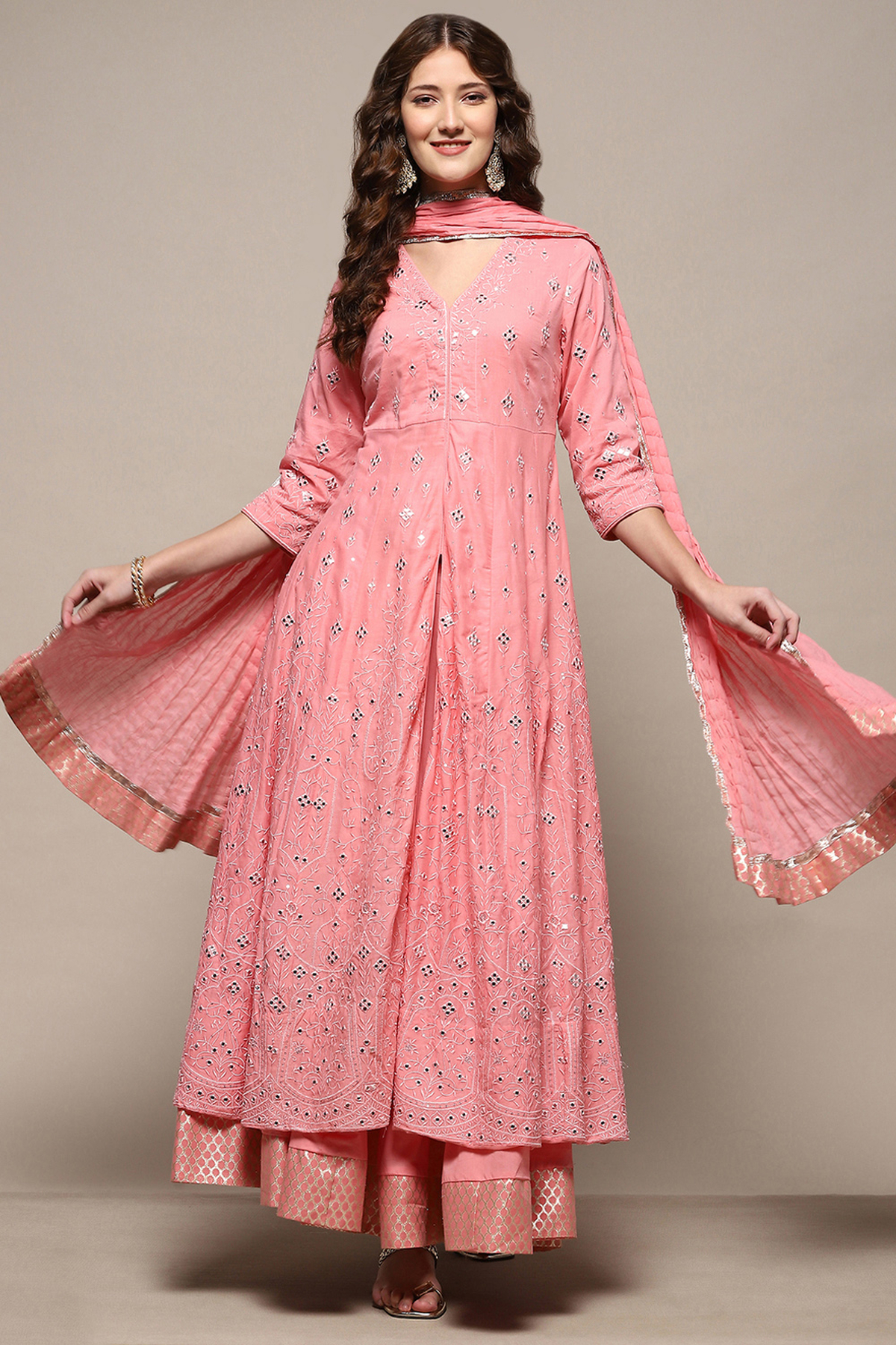 Pink Cotton Mirror work Anarkali Lehenga Set