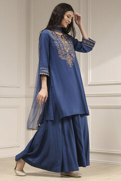 Navy Blue Embroidered Straight Suit Set image number 5
