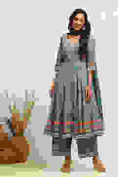 Turquoise Cotton Geometric Printed Anarkali Suit Set image number 6