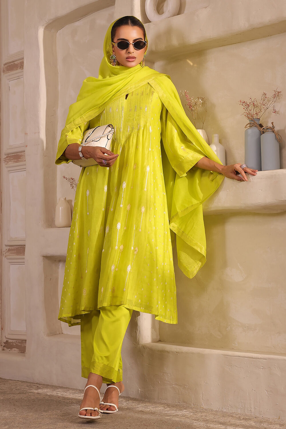 Lime Green Silk Printed Gathered Suit Set image number 1