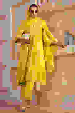 Lime Green Silk Printed Gathered Suit Set image number 1