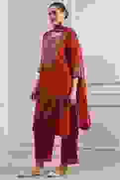 Red Embroidered Art Silk Straight Suit Set image number 3