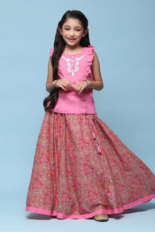 Pink Cotton Straight Printed Kurta Skirt Suit Set image number 6