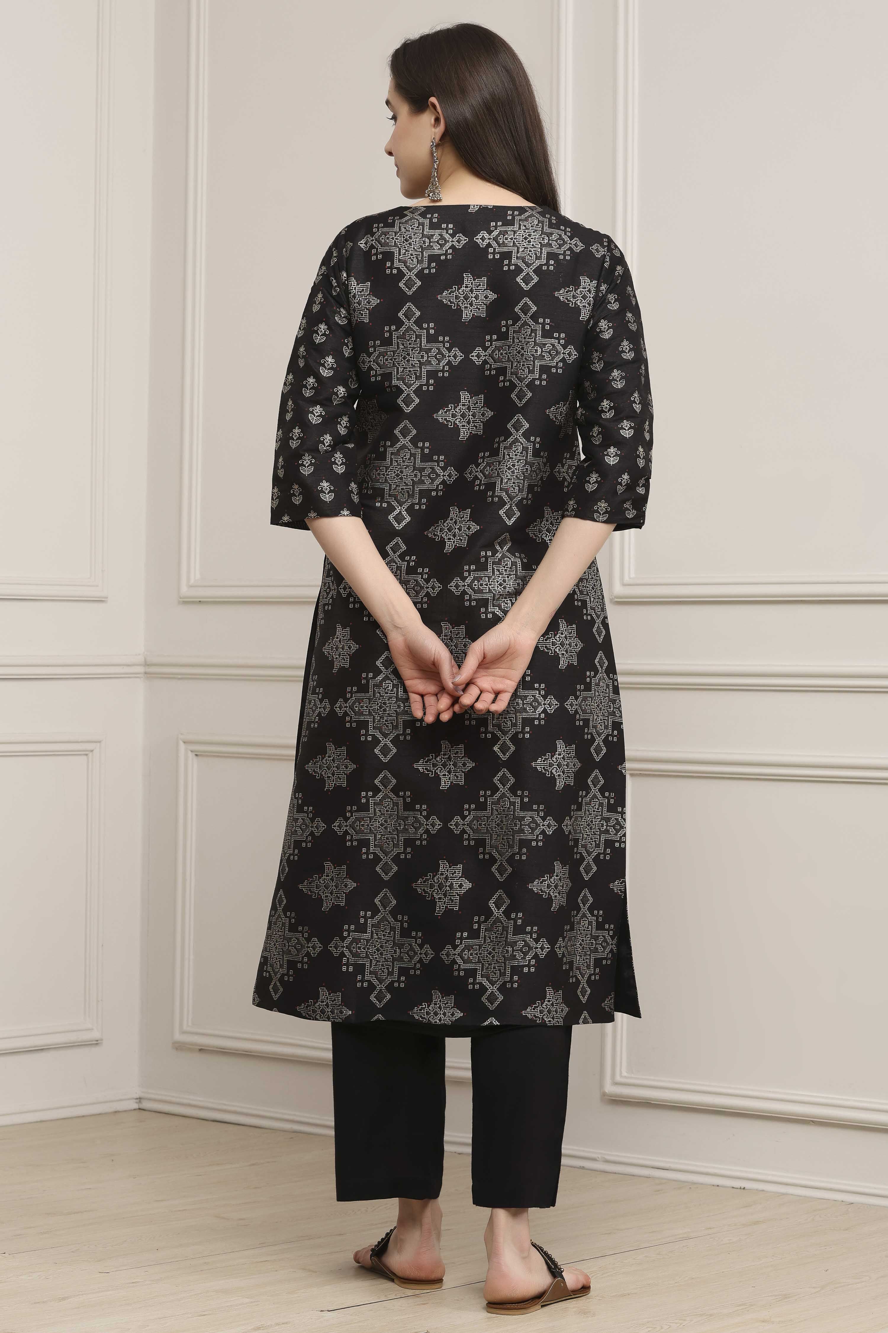 Black Poly Dupion Straight Suit Set image number 4