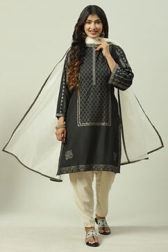 Beige & Black Printed Straight Kurta Salwar Suit Set image number 0