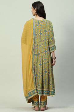 Mustard LIVA Kalidar Kurta Pant Suit Set image number 4