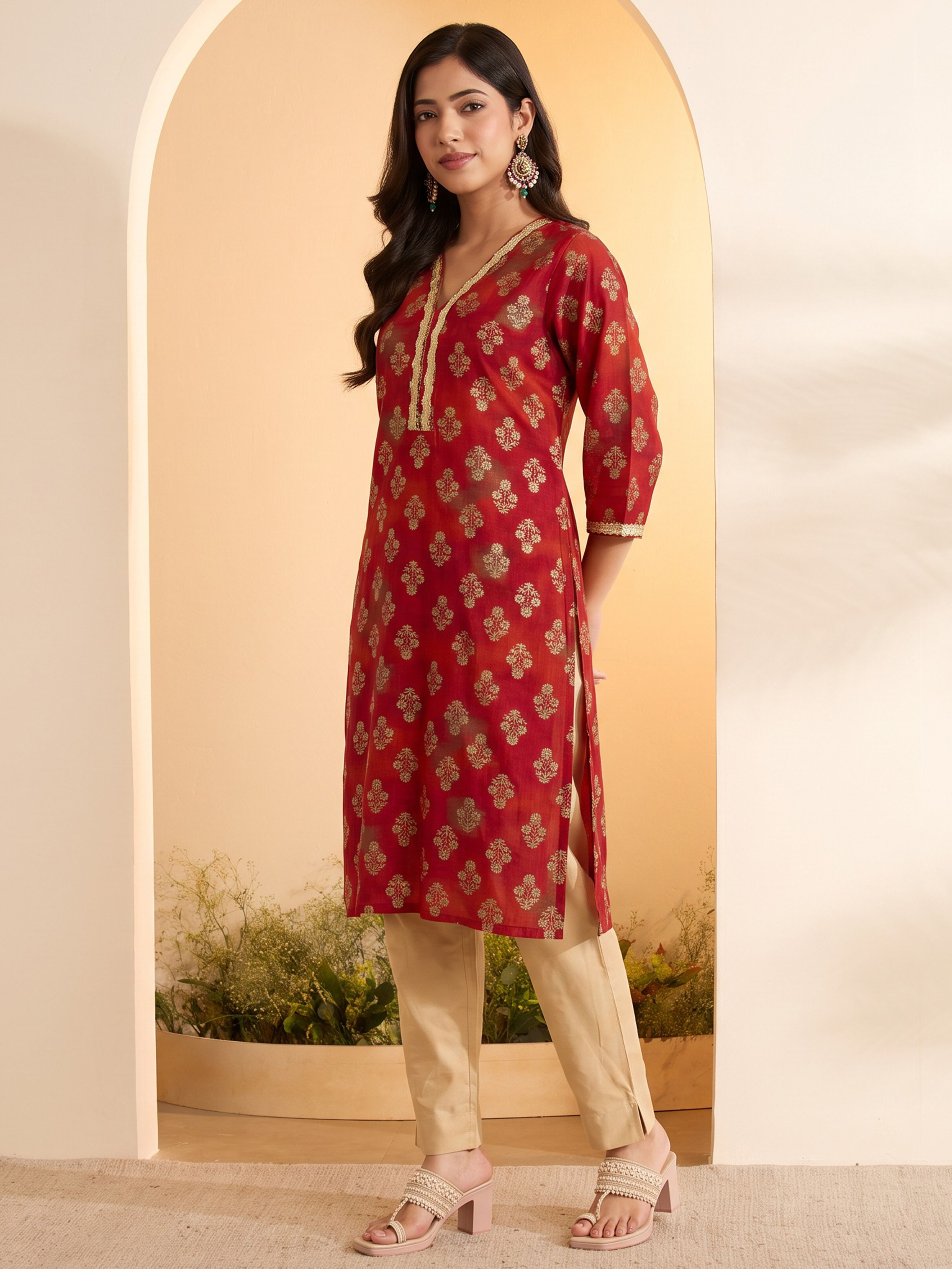 Red Poly Viscose Straight Kurta image number 3