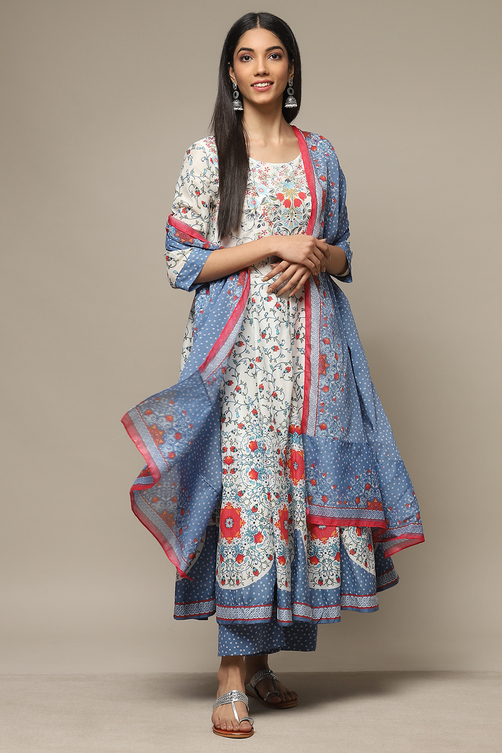 White Cotton Anarkali Kurta Palazzo Suit Set - Main Image