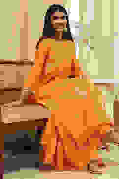 Orange Poly Chanderi Layered Tiered Dress image number 0
