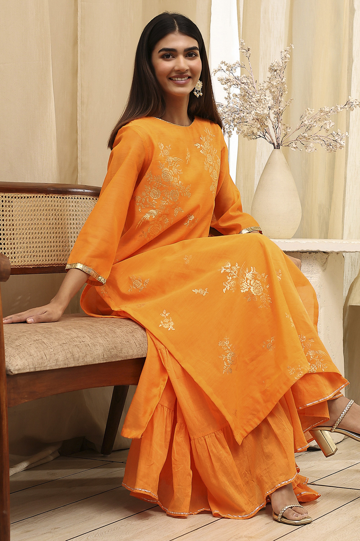 Orange Poly Chanderi Layered Tiered Dress