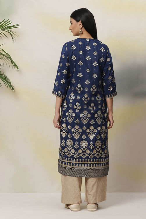 Navy Art Silk Straight Printed Kurta image number 4