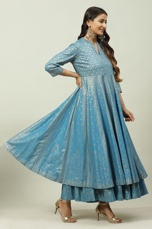 Blue Cotton Flared Fusion Printed Kurta Dress image number 3
