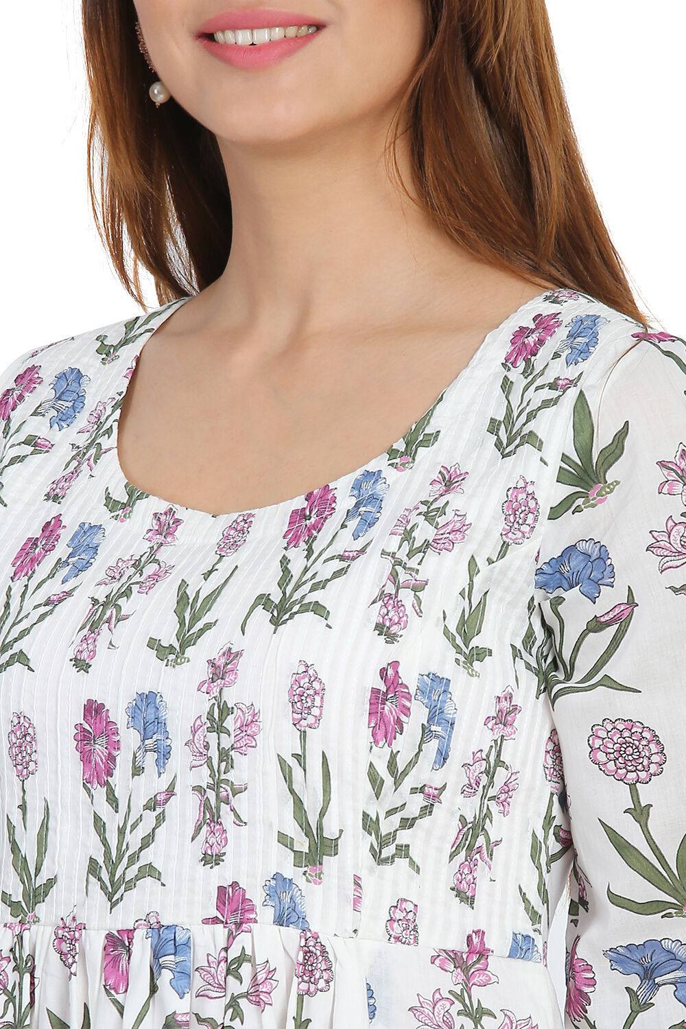 Off White Cotton Flared Printed Dress image number 1