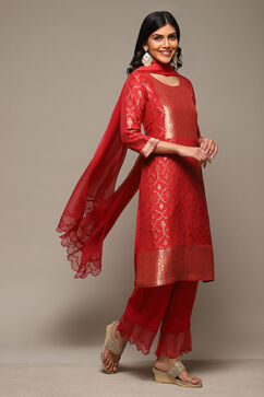 Rust Viscose & Metallic Straight Kurta Palazzo Suit Set image number 6