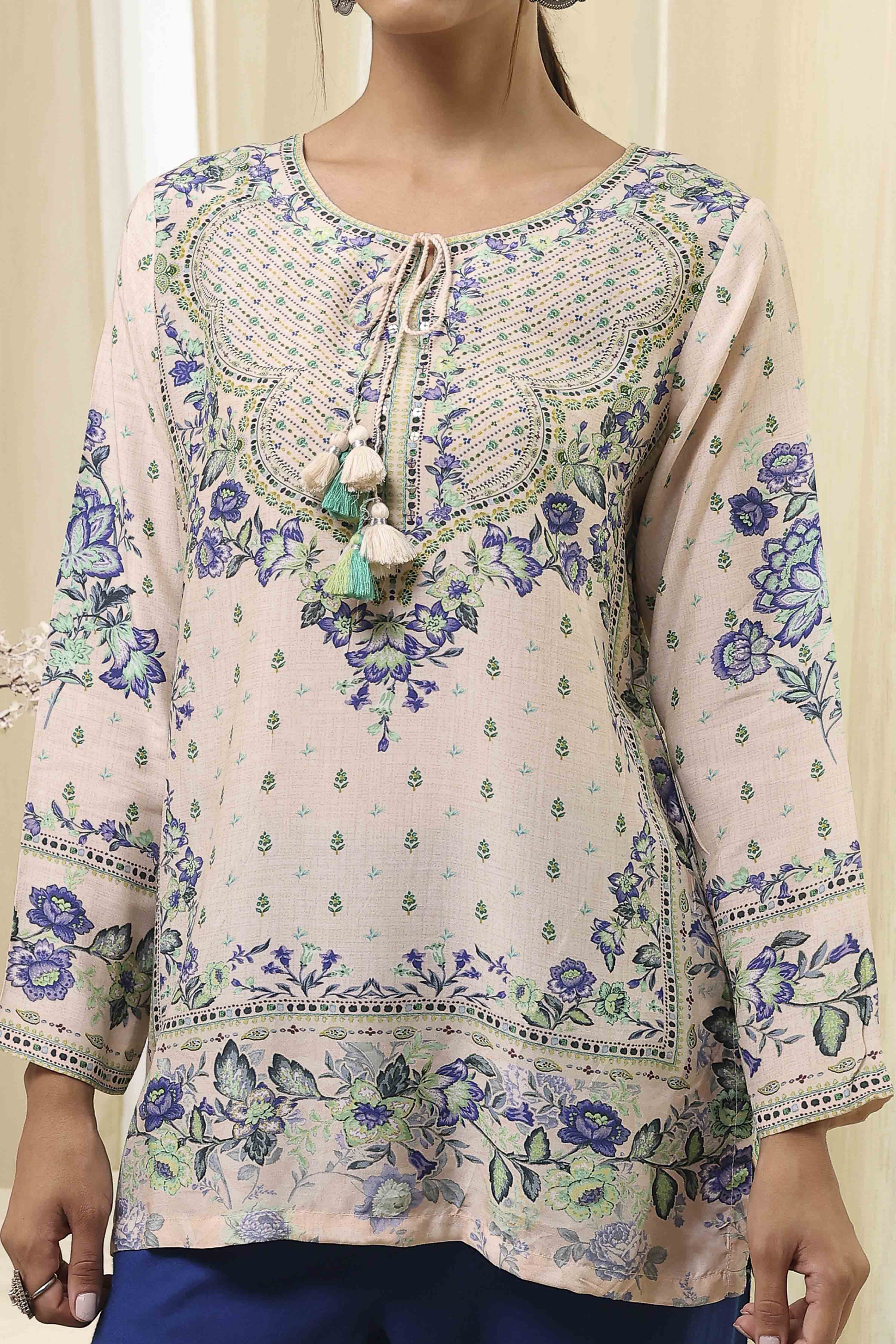 Off-White and Pink Modal Blend Straight Short Kurta image number 1