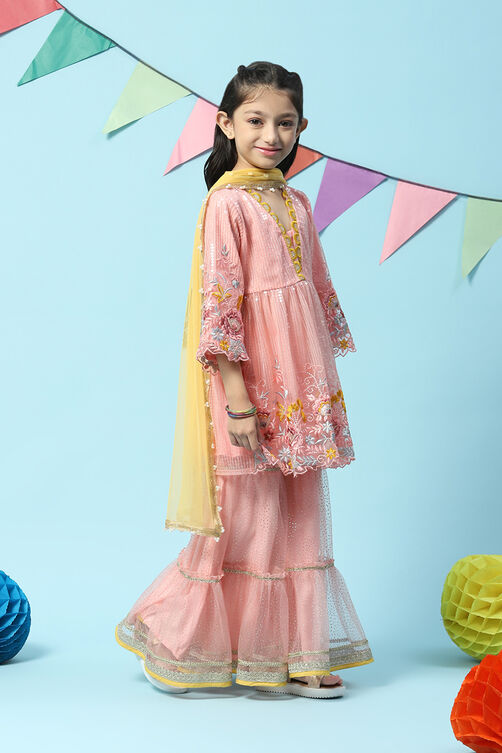 Peach Nylon Gathered Embroidered Kurta Garara Suit Set image number 6