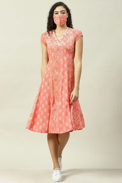 Coral Art Silk A-Line Fusion Printed Dress image number 6