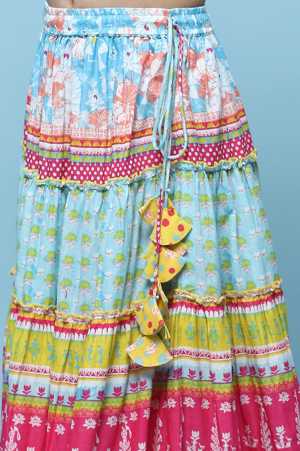 Yellow Cotton Strappy Top With Tiered Lehenga & Net Dupatta image number 2