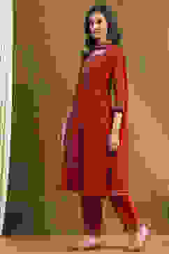 Red Embroidered Festive Straight Suit Set image number 3