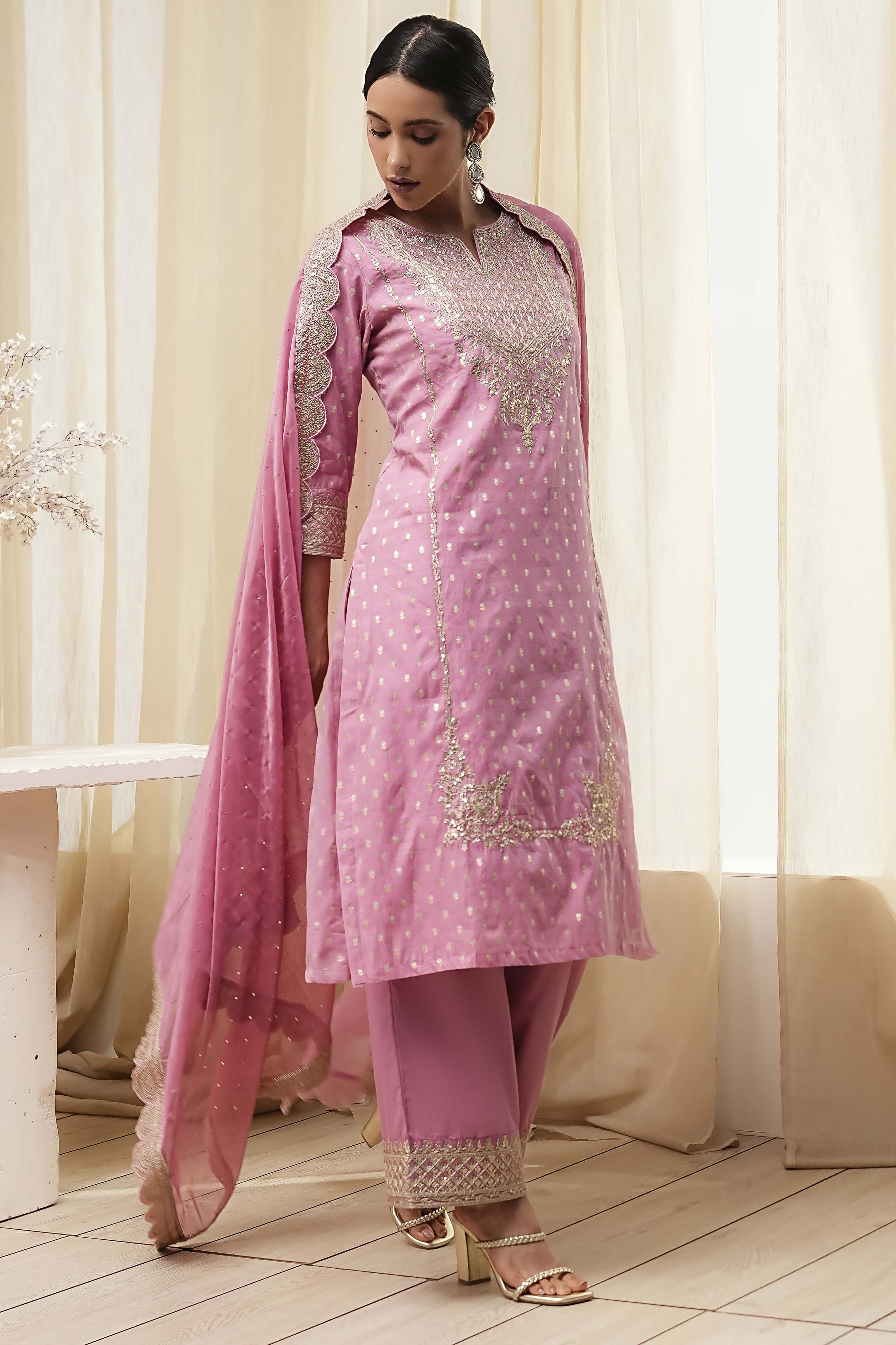 Powder Pink Embroidered Straight Suit Set image number 4