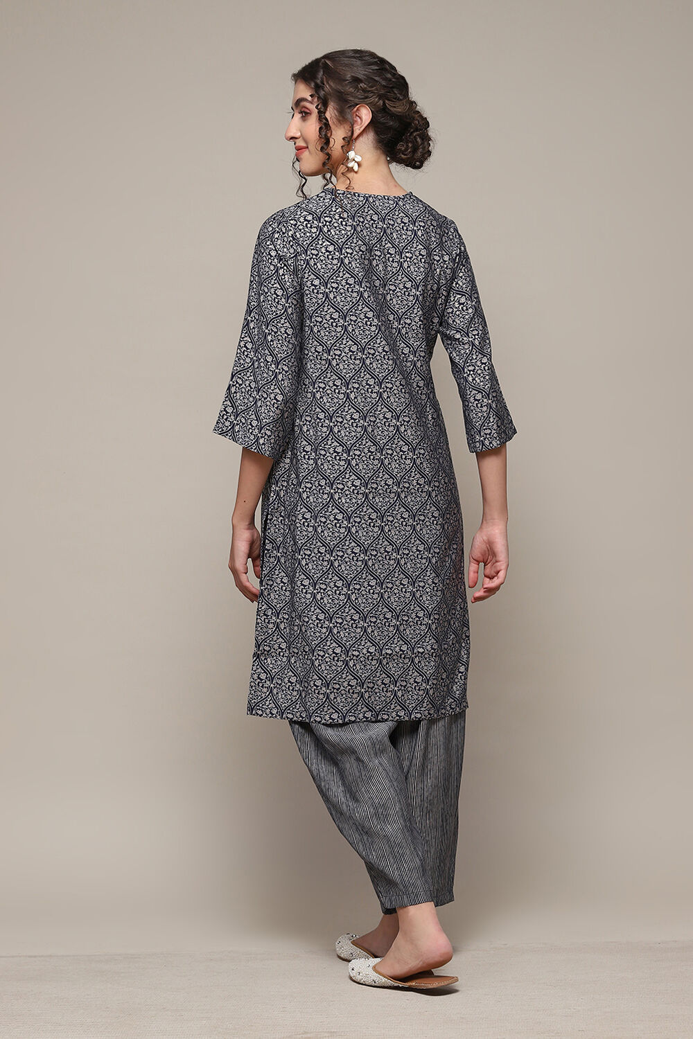 Navy Poly Viscose Straight Printed 2 Piece Set image number 4