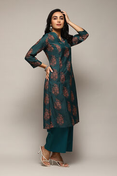 Green Polyester A-Line Printed Kurta Palazzo Suit Set image number 5