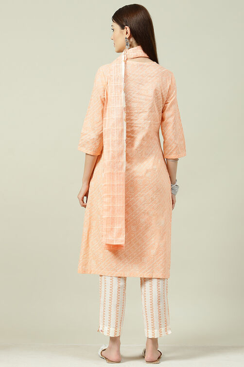 Orange Cotton Screen Print Unstitched Suit Set image number 4