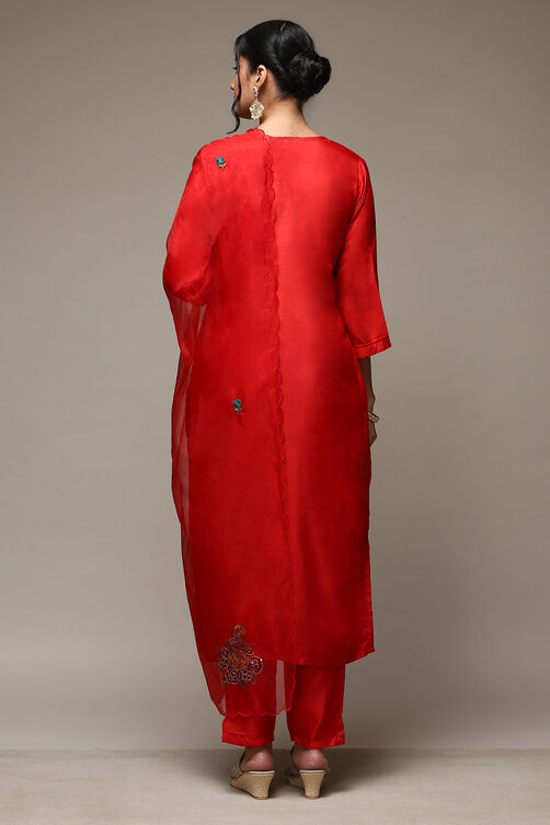 Red Silk Blend Hand Embroidered Unstitched Suit Set image number 6
