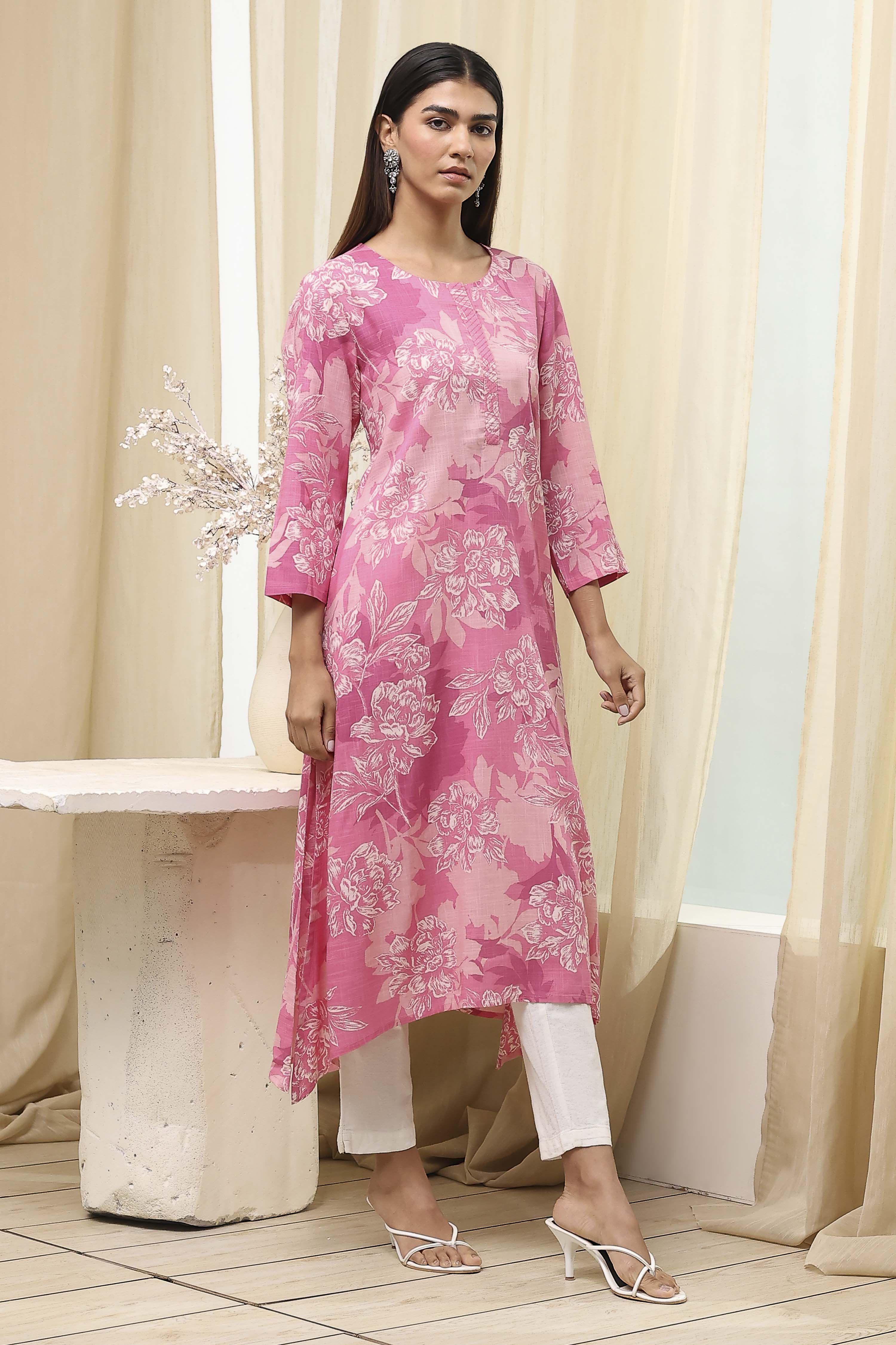 Charcoal Floral Printed Straight Kurta image number 4