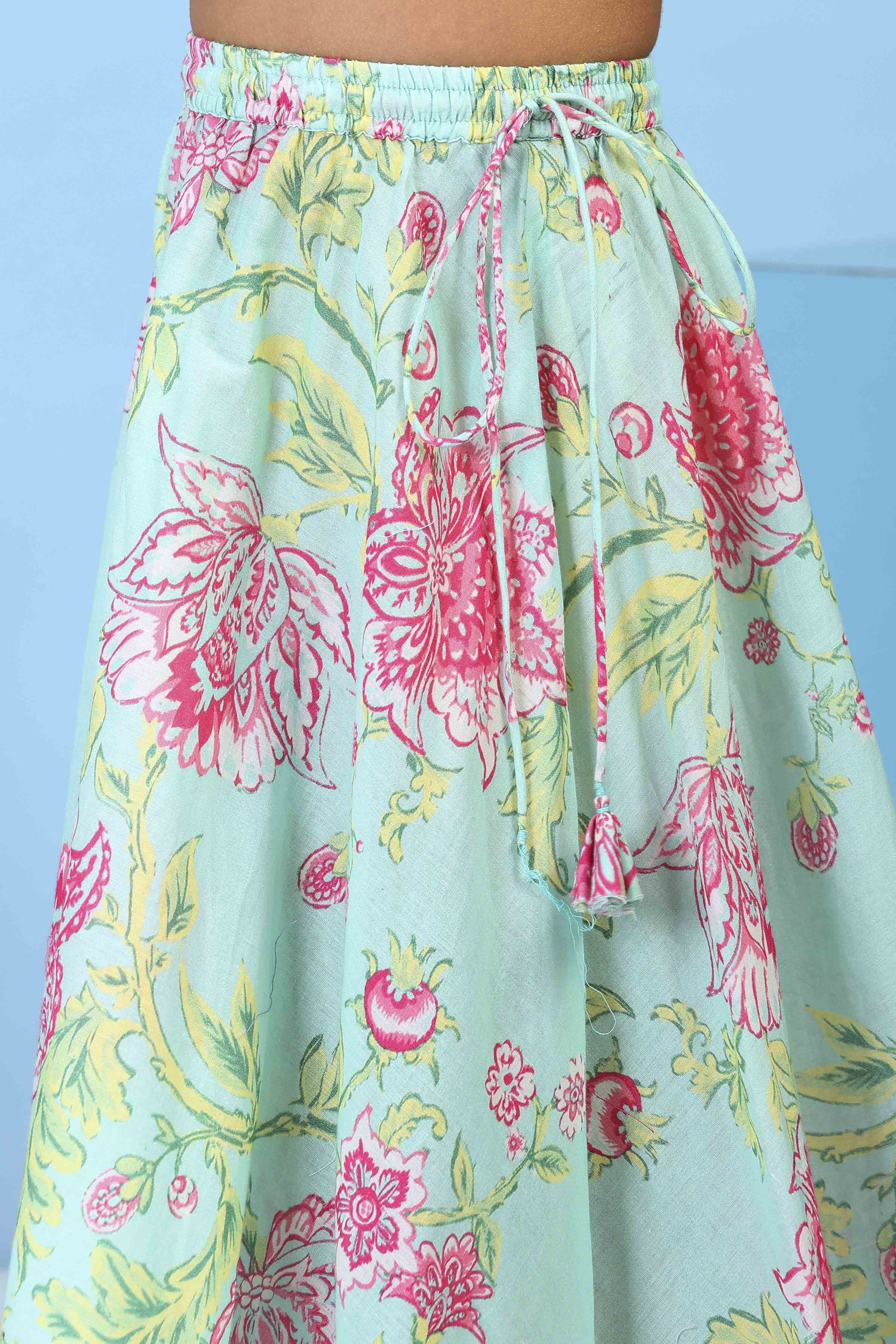 Aqua Cotton Printed Straight Lehenga Set image number 2