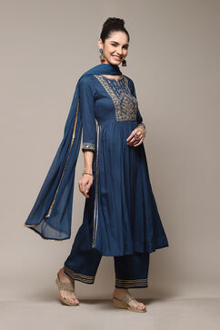 Teal Rayon Gathered Kurta Palazzo Suit Set image number 6