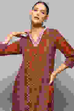Rust Printed Regular Fit Straight Kurta image number 1