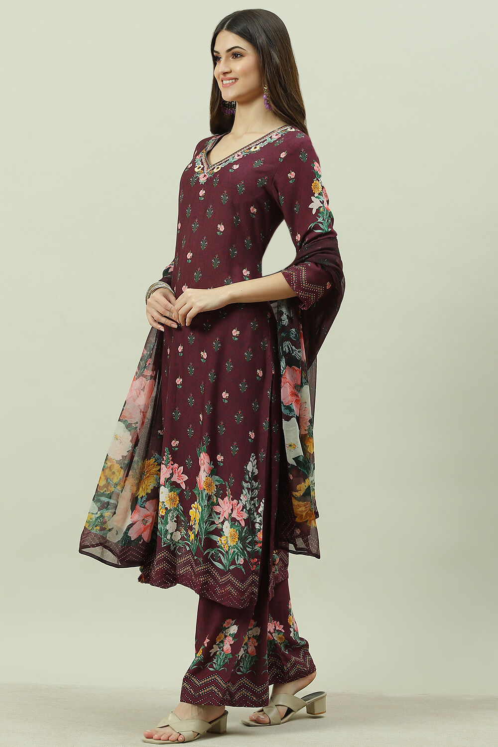 Black Rayon Printed Straight Pant Kurta Palazzo Suit Set image number 5