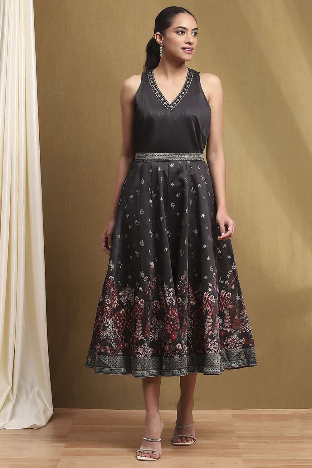Black Dupion Floral Printed Flared Dress image number 0