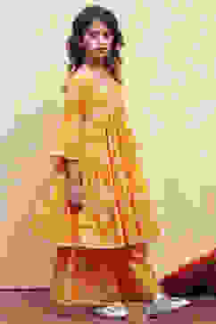 Orange Cotton Printed Tiered Kurta Set image number 5