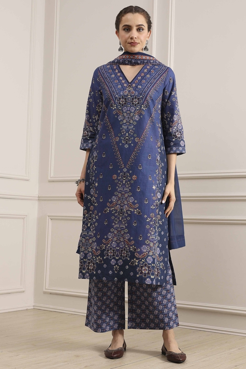 Blue Cotton Printed Straight Suit Set image number 6