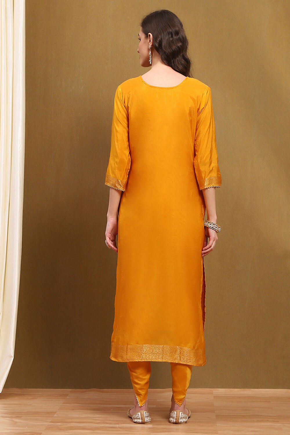Mustard Yellow Silk Blend Woven Unstitched Suit Set image number 4
