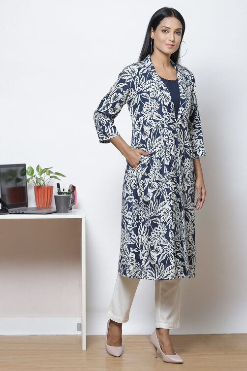 Indigo LIVA Flax Straight Printed Kurta with Jacket image number 5