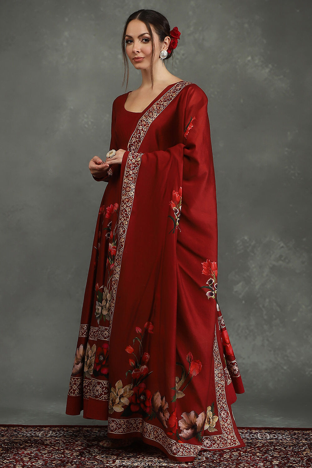 Rohit Bal Maroon Silk Chanderi Floral Anarkali Suit Set image number 2