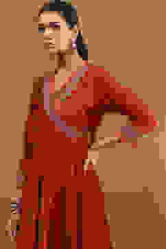 Rust Embroidered Angrakha Festive Anarkali Suit Set image number 6