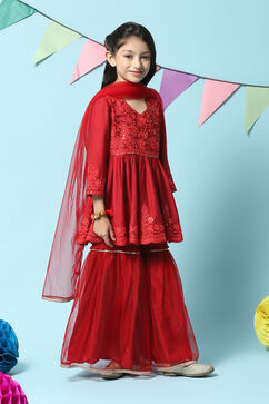 Red Nylon Flared Kurta Sharara Suit Set image number 6