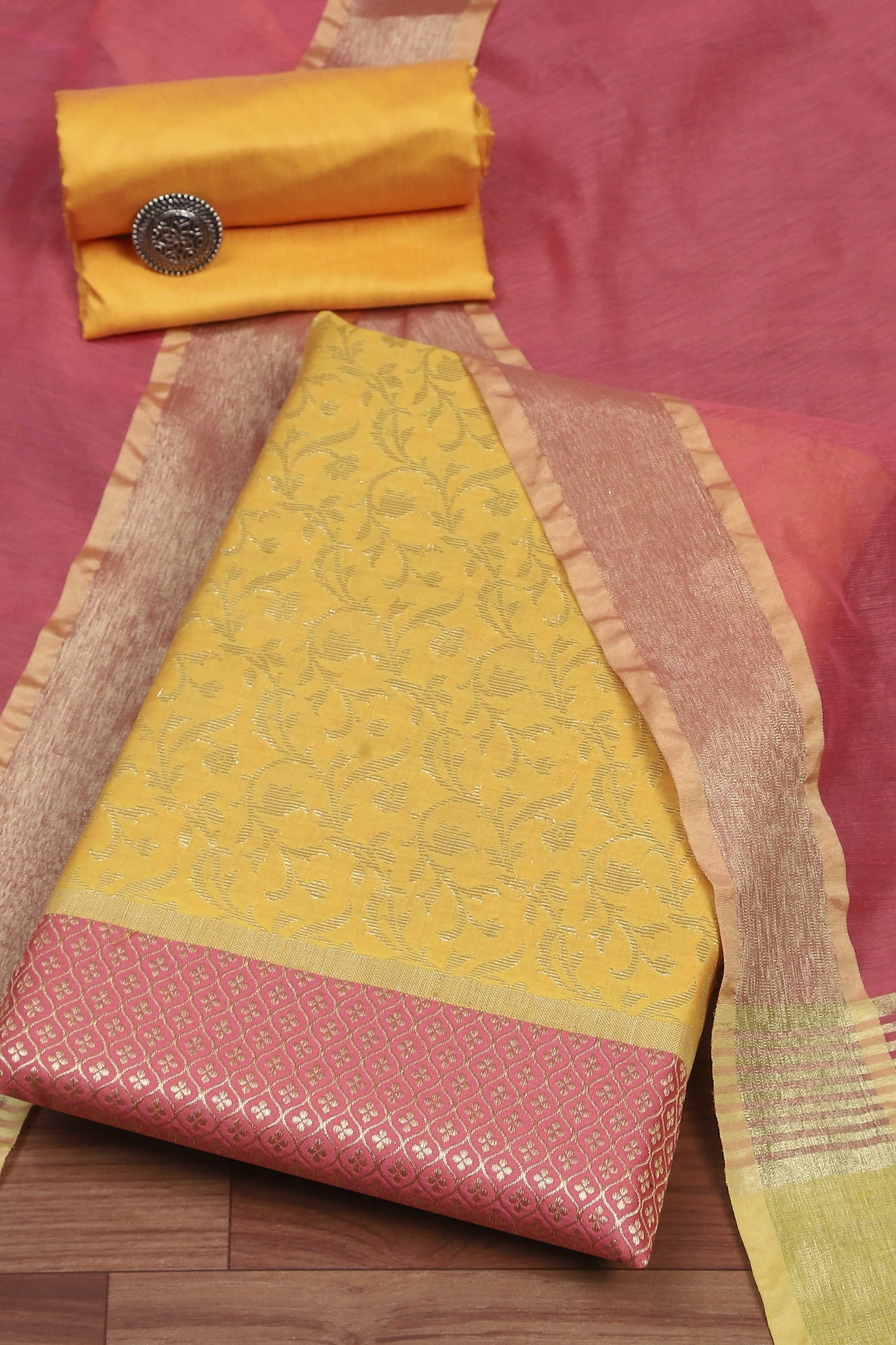 Pink Cotton Printed Embroidered Unstitched Suit Set image number 0