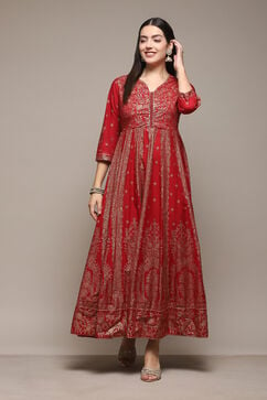 Red Cotton Flared Printed Dress image number 2