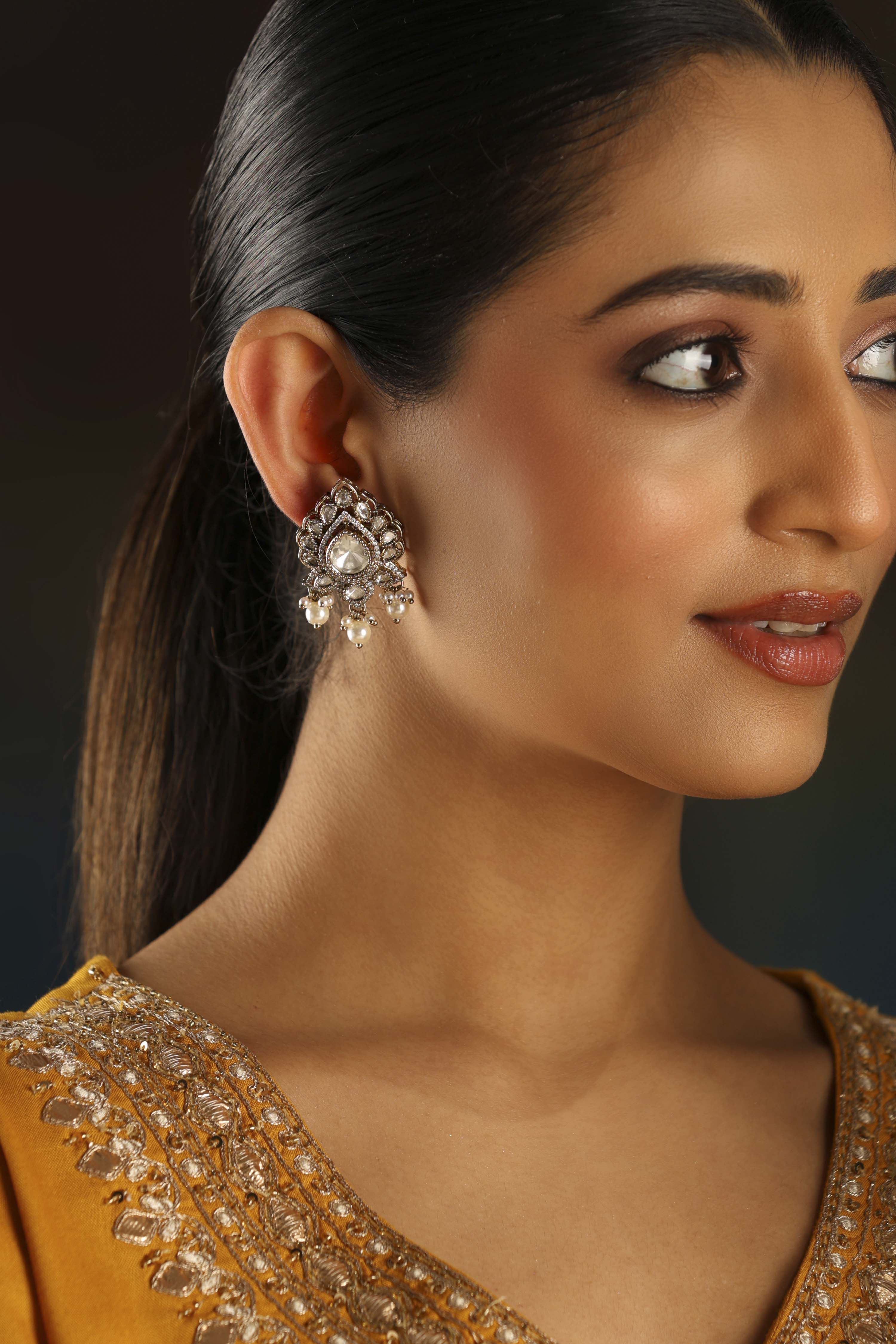 Silver Toned Gold Plated Brass Studded Drop Earrings image number 3