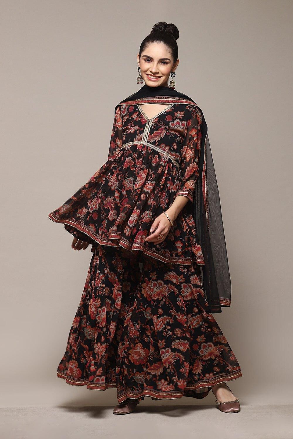 Black Floral Printed Flared Kurti & Garara Suit Set image number 0