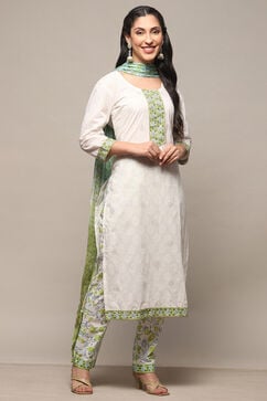 White Green Cotton Unstitched Suit set image number 7